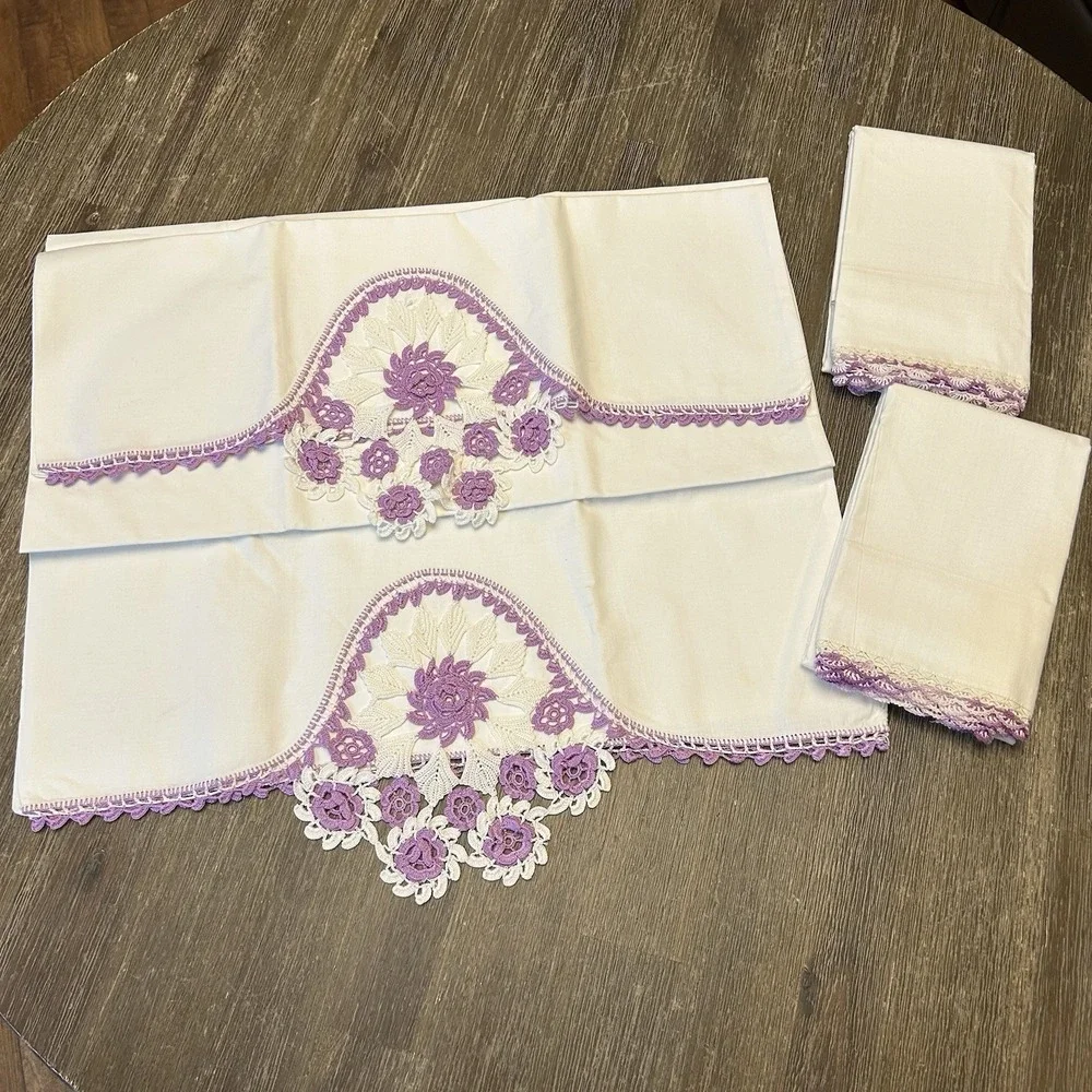 Vtg Stevens Mohawk Cotton Linens 4pc Hand Crochet Purple Floral Pillowcase Shams
